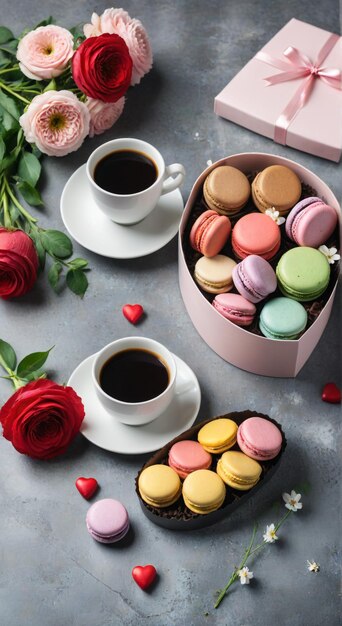 una caja de pasteles coloridos con una caja en forma de corazón de flores y una caja con forma de corazón De rosas