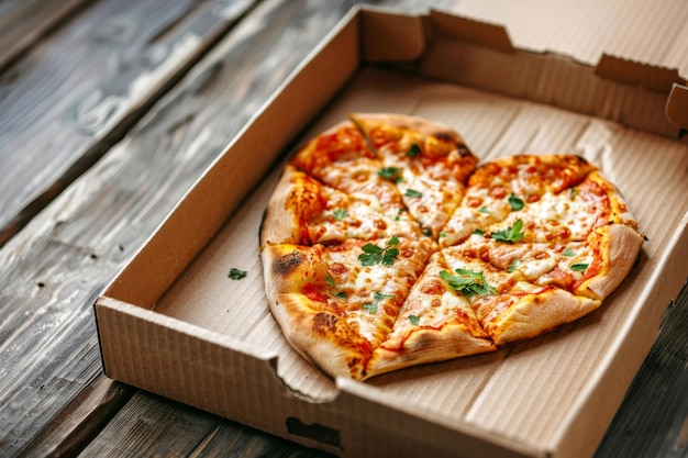 en una caja de pizza en forma de corazón