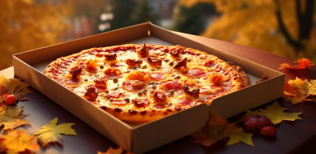 caja con pizza en el telón de fondo de un paisaje de otoño