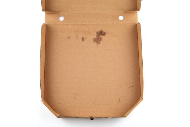 Caja de pizza vacía caja de pizza aislada Abra el paquete de cartón vacío y cerrado para la entrega de pizza