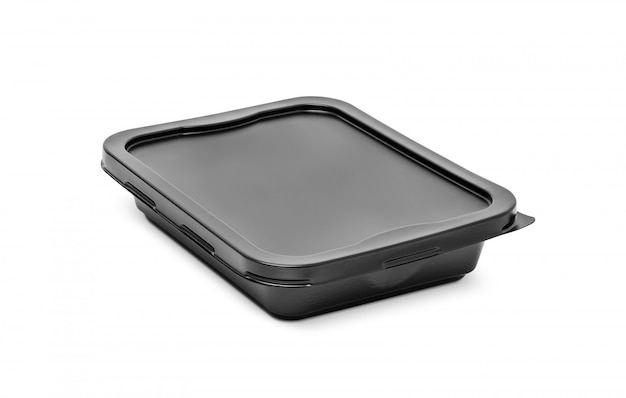 Caja de plástico negra para comida rápida.