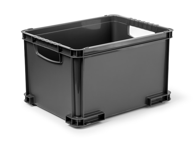 Caja de plástico negro aislado en blanco con trazado de recorte