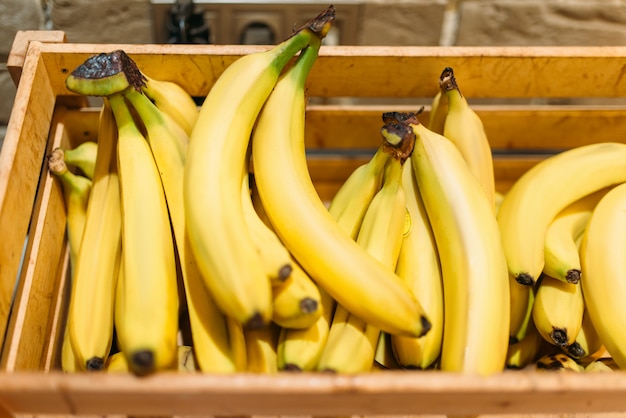 Caja con plátanos maduros en stand en tienda de alimentos, nadie. Frutas frescas en el mercado