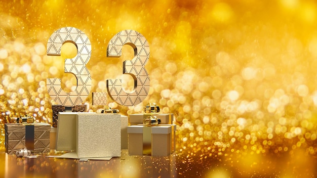 La caja de regalo de 33 y oro en bokeh para marketing o promoción de ventas representación 3d