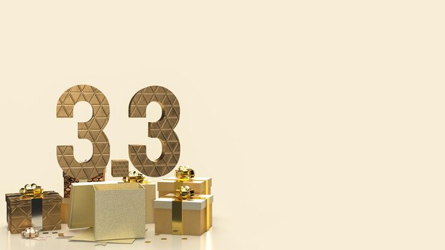 La caja de regalo de 33 y oro para marketing o promoción de ventas representación 3d