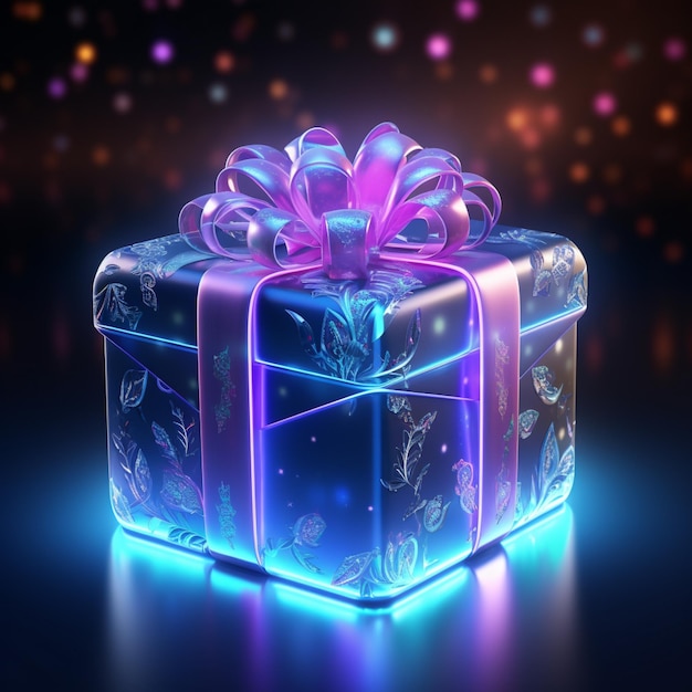caja de regalo 3D iluminada con violeta brillante sobre un fondo oscuro