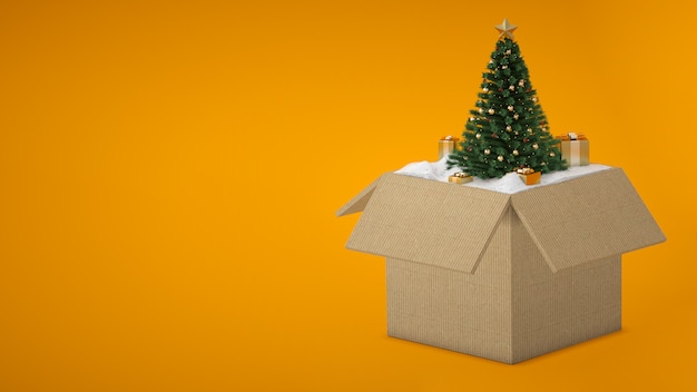 Caja de regalo abierta con un árbol de Navidad y nieve.