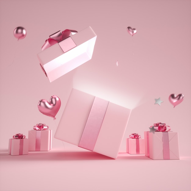 Caja de regalo abierta en blanco o caja de regalo con lazo de cinta rosa con globos de corazón y bengalas