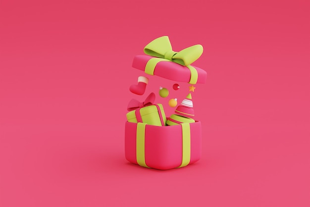 Caja de regalo abierta llena con árbol de Navidad, caja de regalo, bolas en el interior. Diseño mínimo 3d Decoraciones de Navidad. Ilustración de procesamiento 3D.