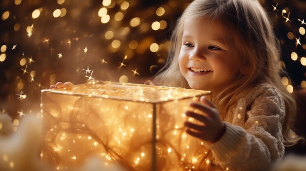 Caja de regalo abierta para niños con luz mágica.