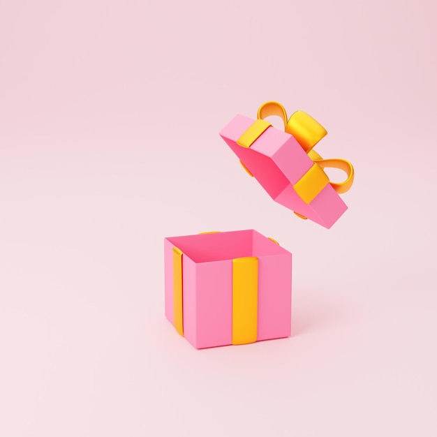 Caja de regalo abierta vacía sobre fondo rosa 3d render