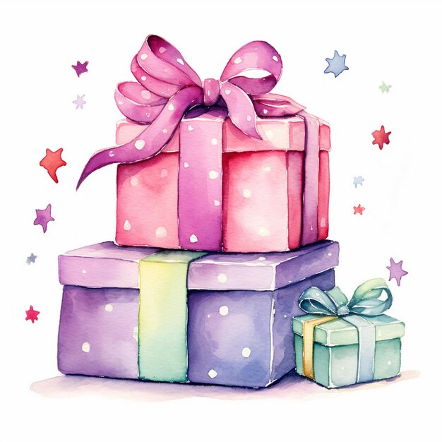 Foto caja de regalo con acuarela y clipart