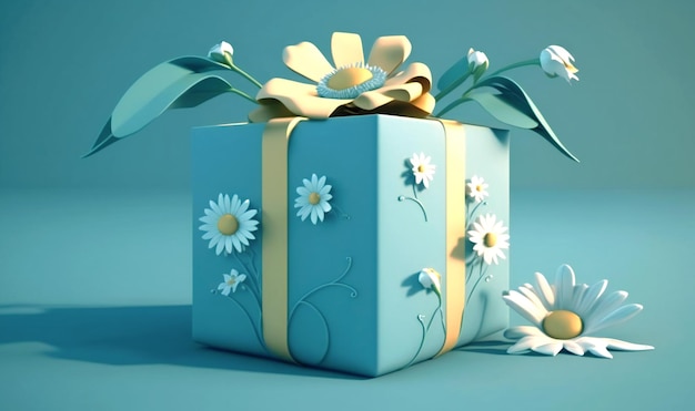 Una caja de regalo adornada con un lazo de flores de primavera sobre un fondo azul
