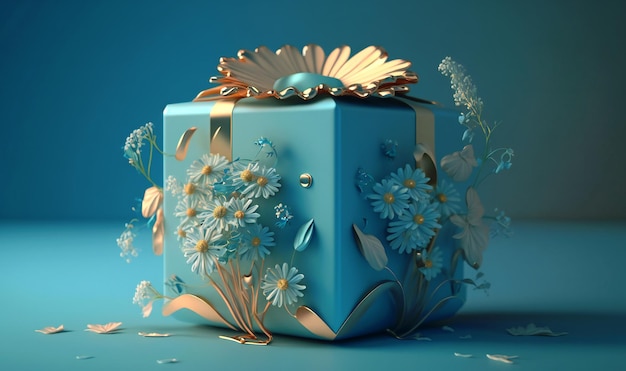 Una caja de regalo adornada con un lazo de flores de primavera sobre un fondo azul