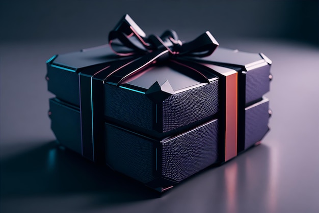 Una caja de regalo al estilo cyberpunk en un fondo oscuro