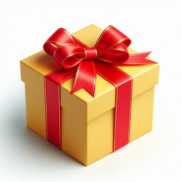 Una caja de regalo amarilla con una cinta roja sobre un fondo blanco