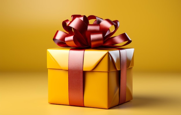 Una caja de regalo amarilla con una cinta roja