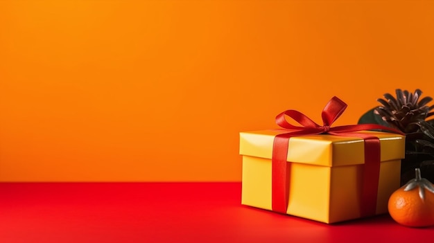 Foto una caja de regalo amarilla con una cinta roja.