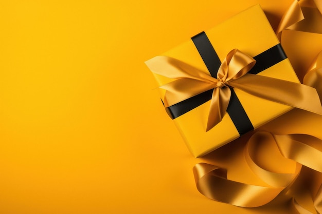Caja de regalo amarilla con cinta sobre fondo de estudio amarillo