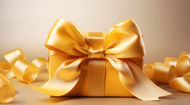 una caja de regalo amarilla con un lazo