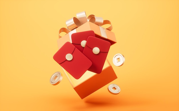Caja de regalo de apertura con representación 3d del paquete de la suerte chino