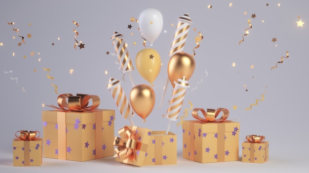 Caja de regalo con arco y globos 3D Render