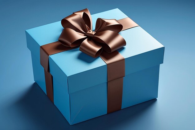 Caja de regalo azul con arco marrón sobre fondo azul