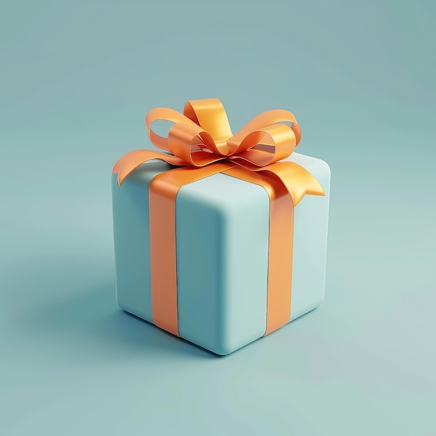 Caja de regalo azul con arco naranja en fondo azul renderización 3D