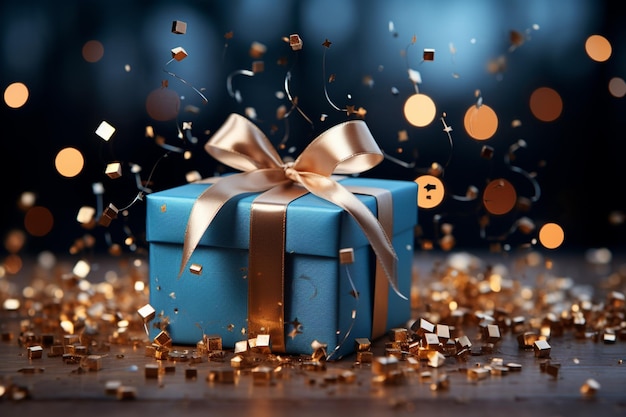 La caja de regalo azul con cascada de confeti libera alegría armonizando con el fondo bokeh