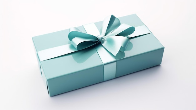 Una caja de regalo azul con una cinta atada en la parte superior.
