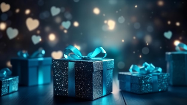 Caja de regalo azul con cinta de oro y fondo de brillo de amor