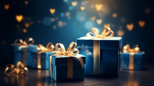 Caja de regalo azul con cinta de oro y fondo de brillo de amor