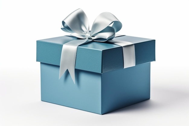 Caja de regalo azul desvelada elegante lazo blanco aislado contra un fondo blanco prístino