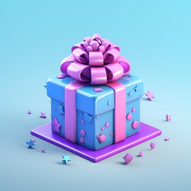 una caja de regalo azul y púrpura con un lazo rosa