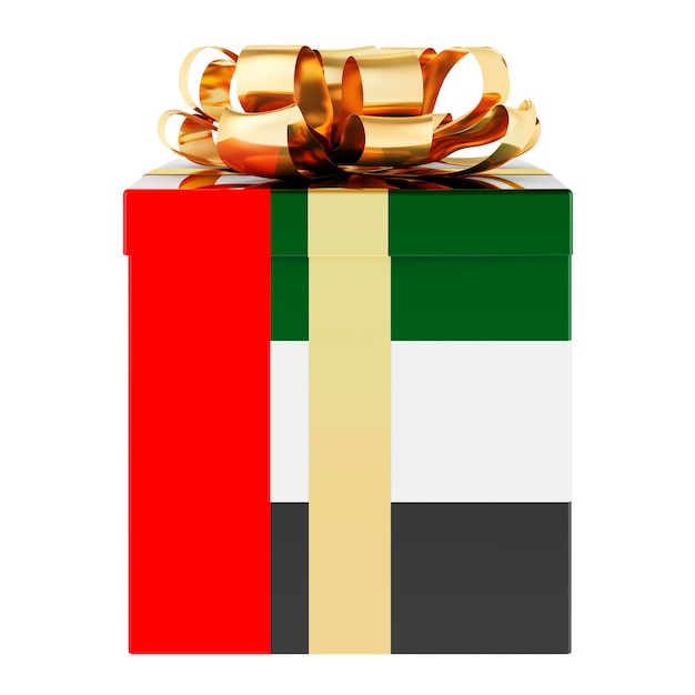 Caja de regalo con la bandera de los Emiratos Árabes Unidos Holiday in the UAE concept 3D rendering