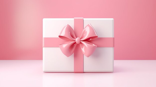 Caja de regalo blanca 3D con lazo rosa sobre fondo rosa