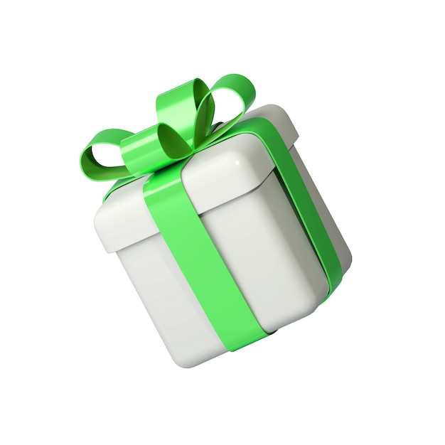 Caja de regalo blanca 3D realista con un lazo de cinta brillante verde