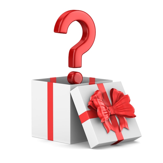 Caja de regalo blanca abierta y pregunta sobre el espacio en blanco