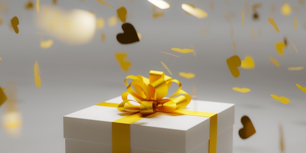 Caja de regalo blanca atada con cinta dorada y renderizado 3d de confeti volador