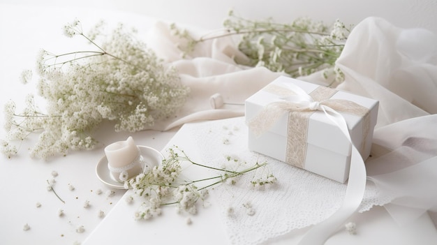 Una caja de regalo blanca con una cinta atada alrededor se sienta en una mesa con una vela y una vela.