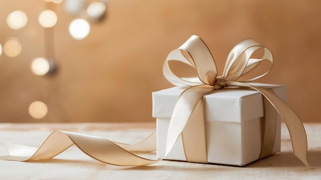 Caja de regalo blanca con una cinta beige en un fondo beige un regalo para las vacaciones