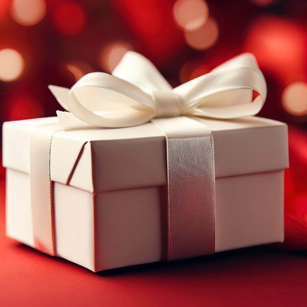 Caja de regalo blanca con cinta en fondo rojo con tema navideño