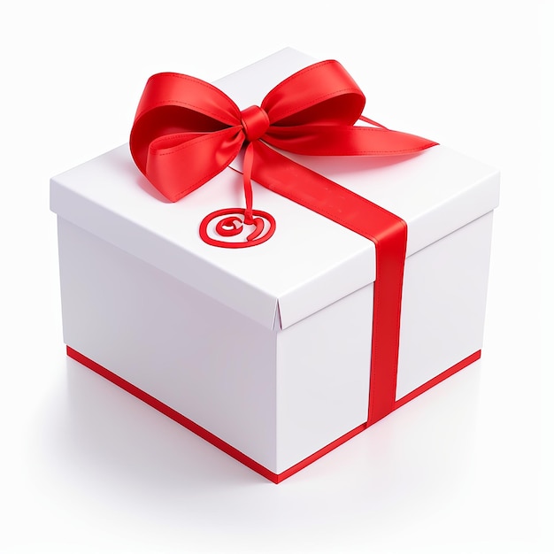 Una caja de regalo blanca con una cinta roja aislada sobre un fondo blanco