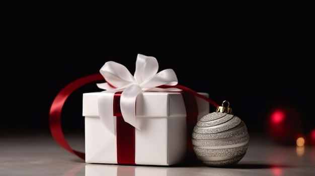 Una caja de regalo blanca con una cinta roja y una bola de Navidad.