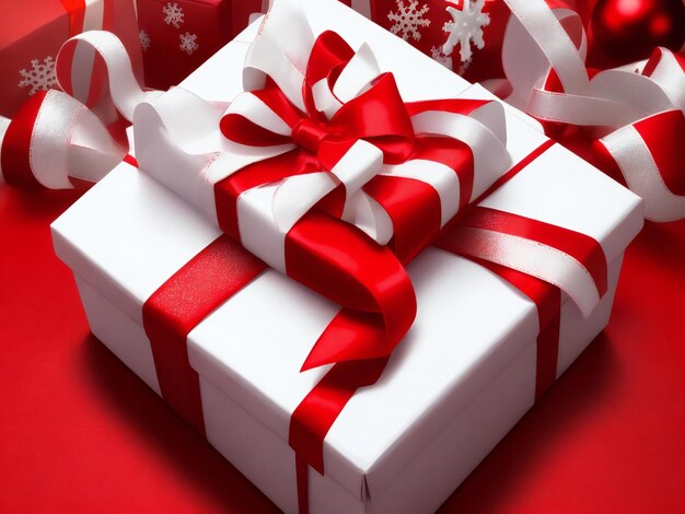 Caja de regalo blanca con cinta sobre fondo rojo con temas de navidad ai generado