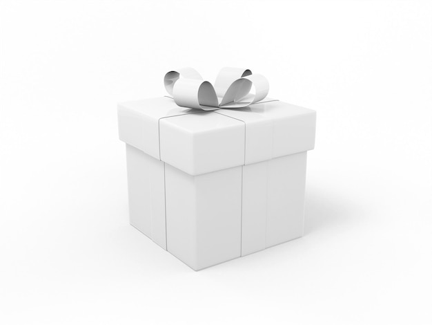 Foto caja de regalo blanca de un color con cinta y lazo sobre un fondo blanco plano. objeto de diseño minimalista. icono de renderizado 3d elemento de interfaz ui ux.