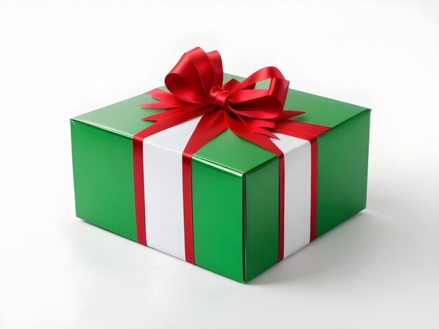 Caja de regalo blanca envuelta en cinta roja sobre un fondo blanco