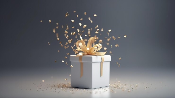 Caja de regalo blanca con lazo de cinta dorada levitando sobre fondo gris Ai generativo