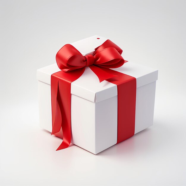 Caja de regalo blanca con un lazo de cinta roja aislado en blanco