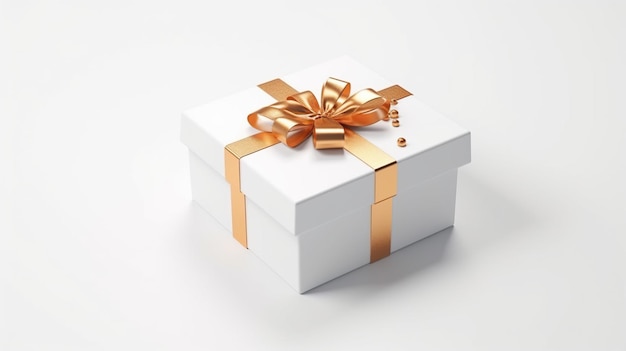 Una caja de regalo blanca con un lazo dorado y una cinta dorada.
